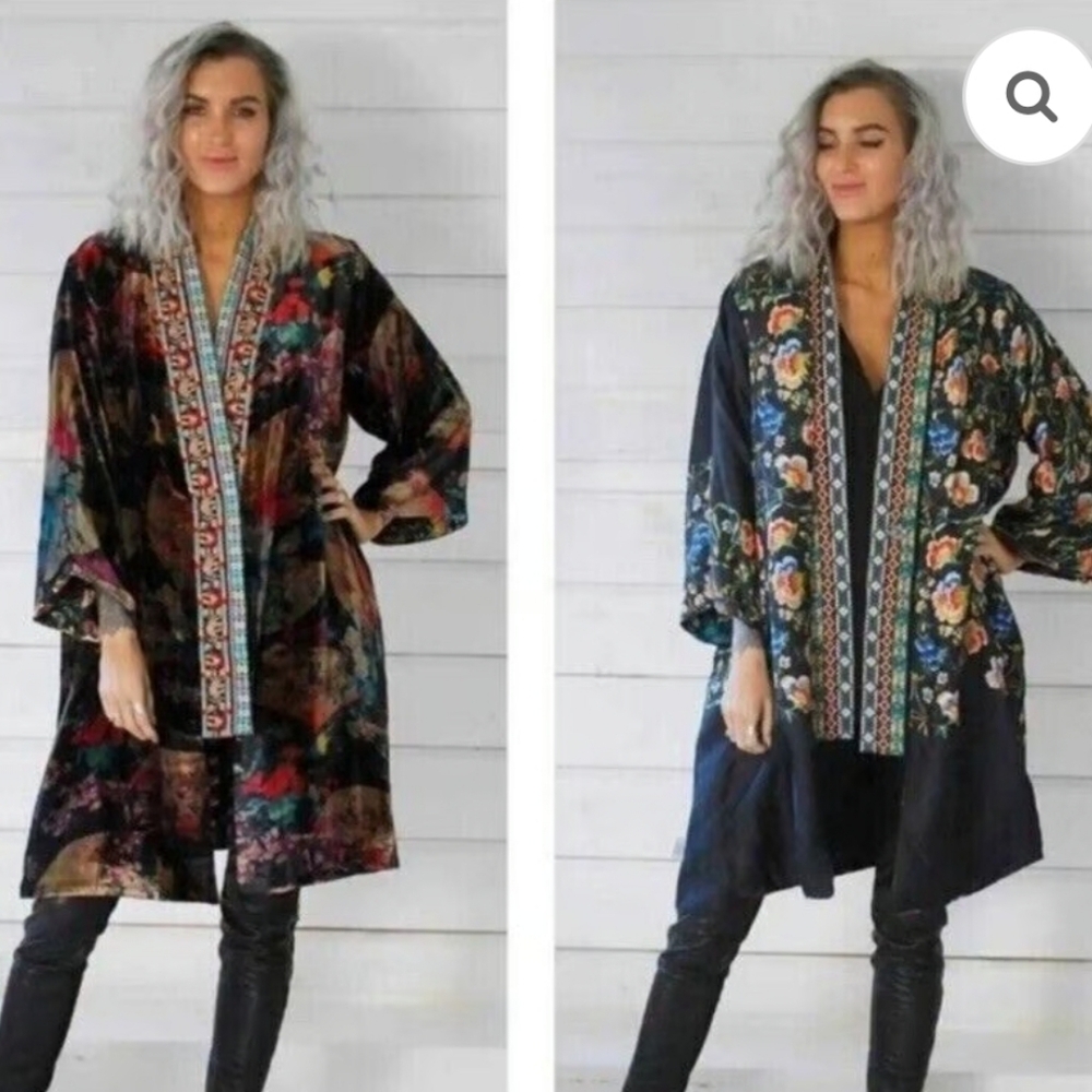 Johnny Was Fusai Reversible Lined Velvet & Silk Floral Kimono EUC Size XS